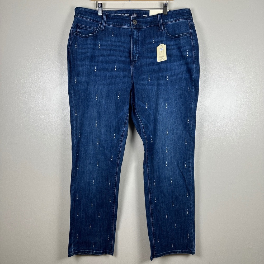 St. John's Bay Women's 16W Straight Leg Jeans Dark Blue Rhinestone NEW